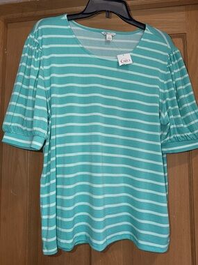 Cato Aqua & White Striped Puff Sleeve Tee